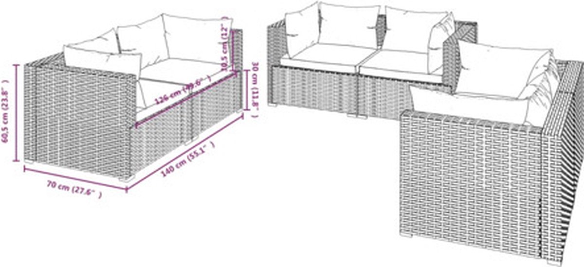 Vidaxl 6-delige Loungeset Met Kussens Poly Rattan - Grijs