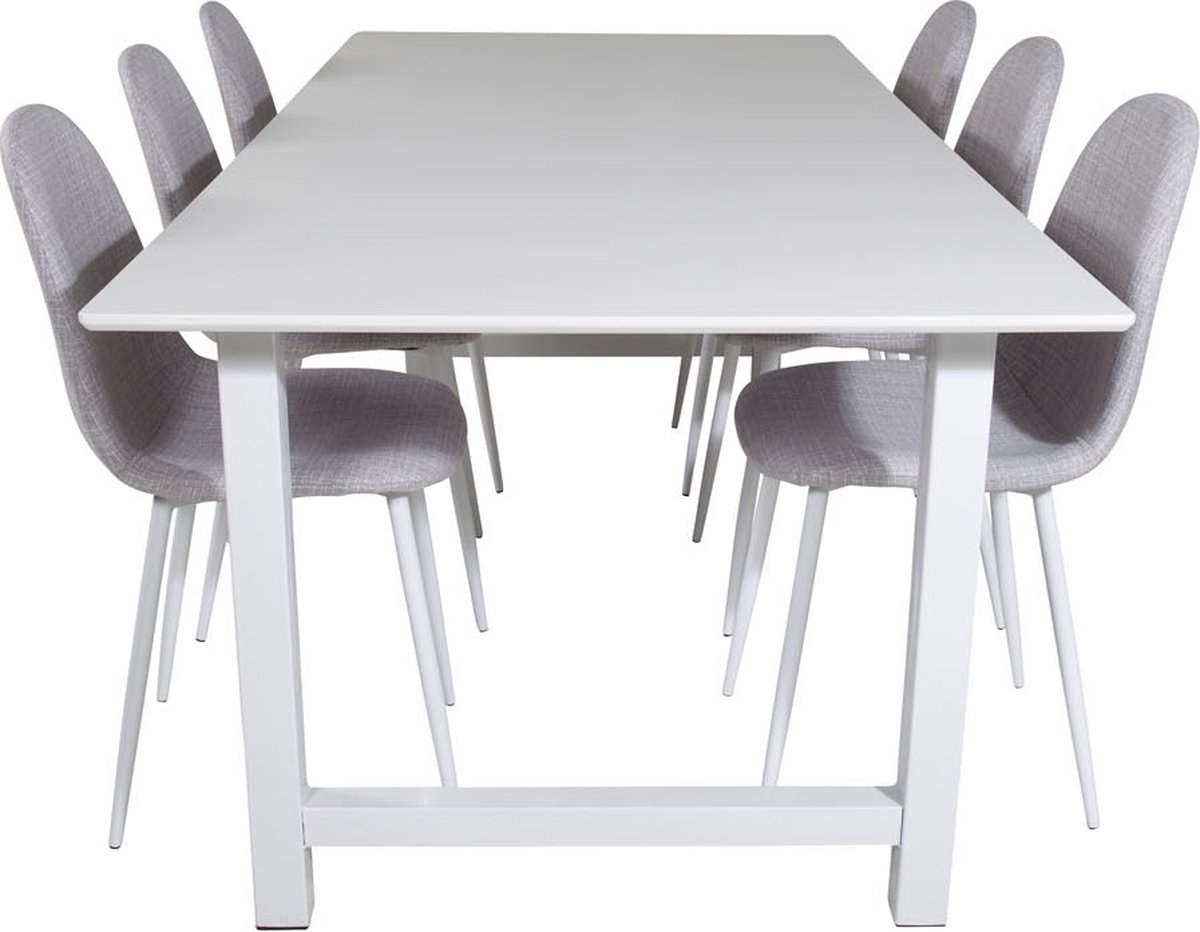 Countwh Eethoek Eetkamertafel Wit En 6 Polar Eetkamerstal Lichtgrijs, Wit.