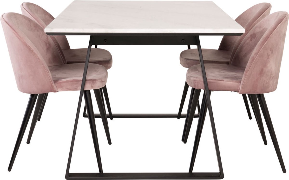 Estelle Eethoek Eetkamertafel Marmer Wit En 4 Velvet Eetkamerstal Velours Roze, Zwart.