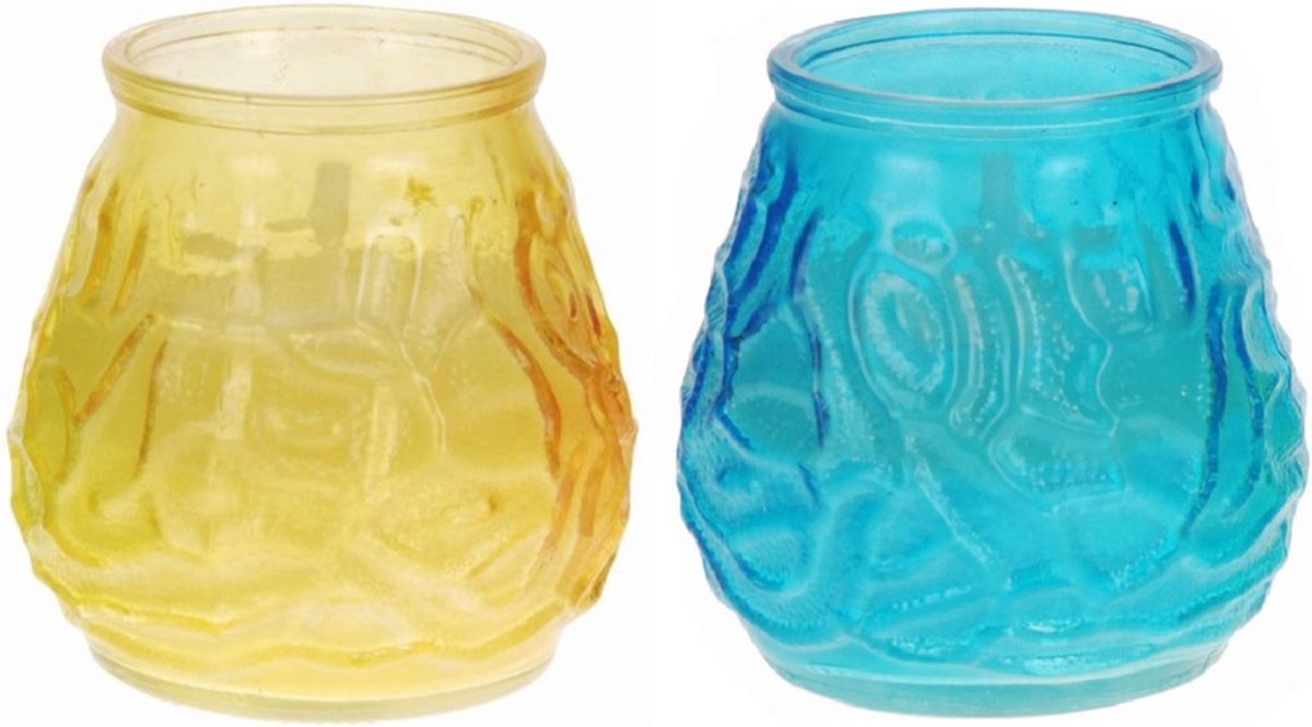 Set Van 2x Windlichten Geurkaarsen Citronella Anti Muggen Geel En Blauw Glas - Geurkaarsen