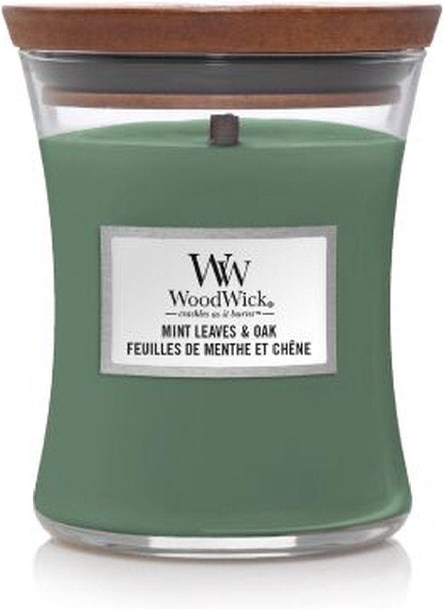 Woodwick Kaars Medium Mint Leaves & Oak - 11 Cm / ø 10 Cm - Groen