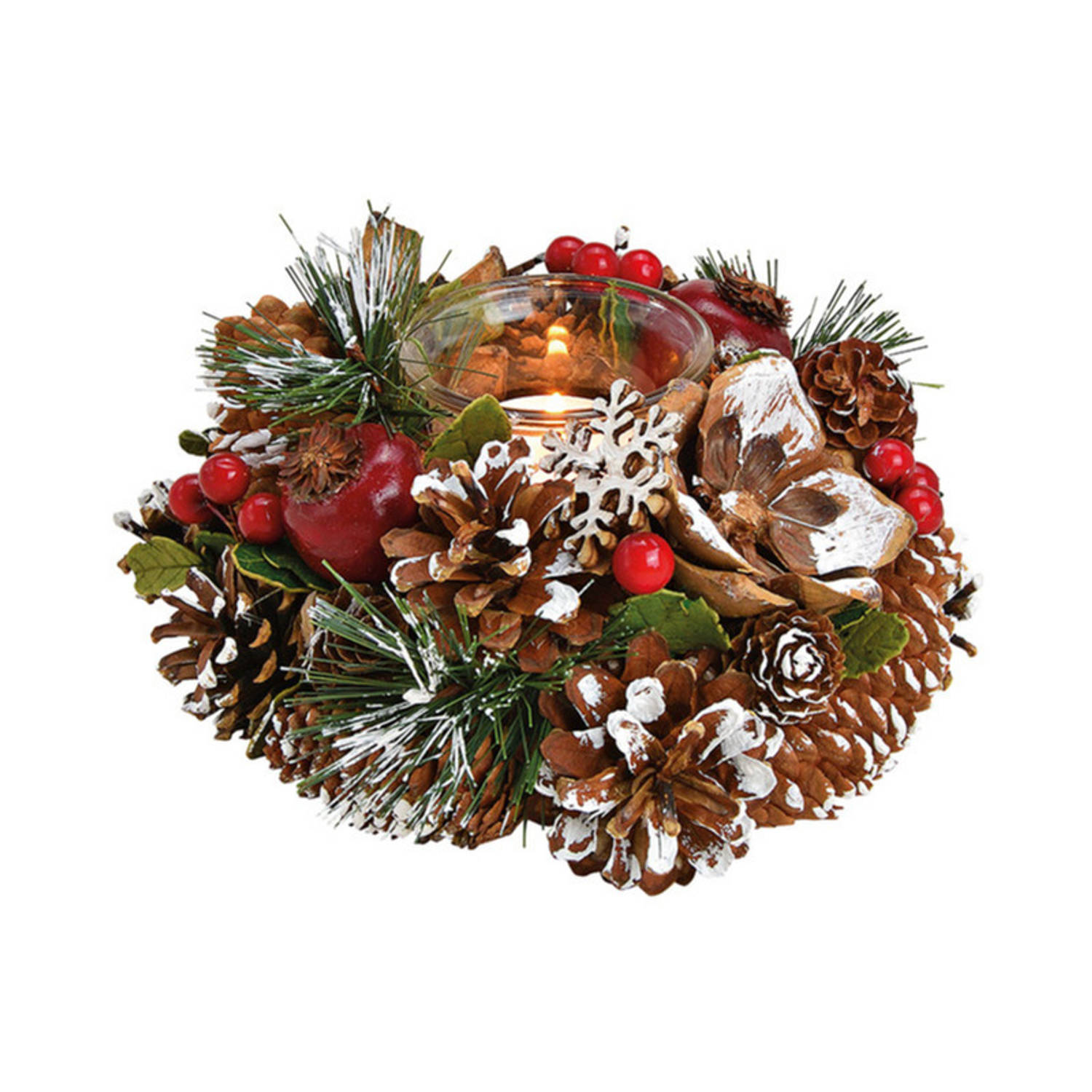 Kerst Thema Kaarsenhouder Ornament Bruin/rood Van Hout 18 Cm - Waxinelichtjeshouders