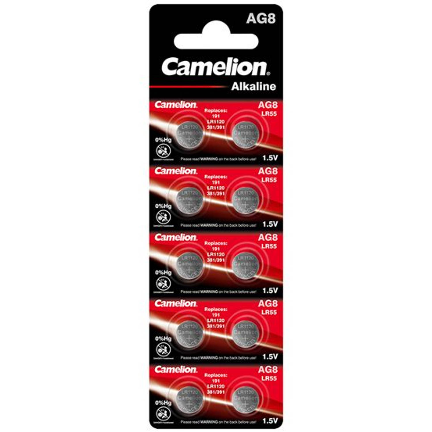 Camelion Alkaline Knoopcelbatterij Ag8 / Lr55, 1,5 Volt, 0% Hg - 10 Stuks