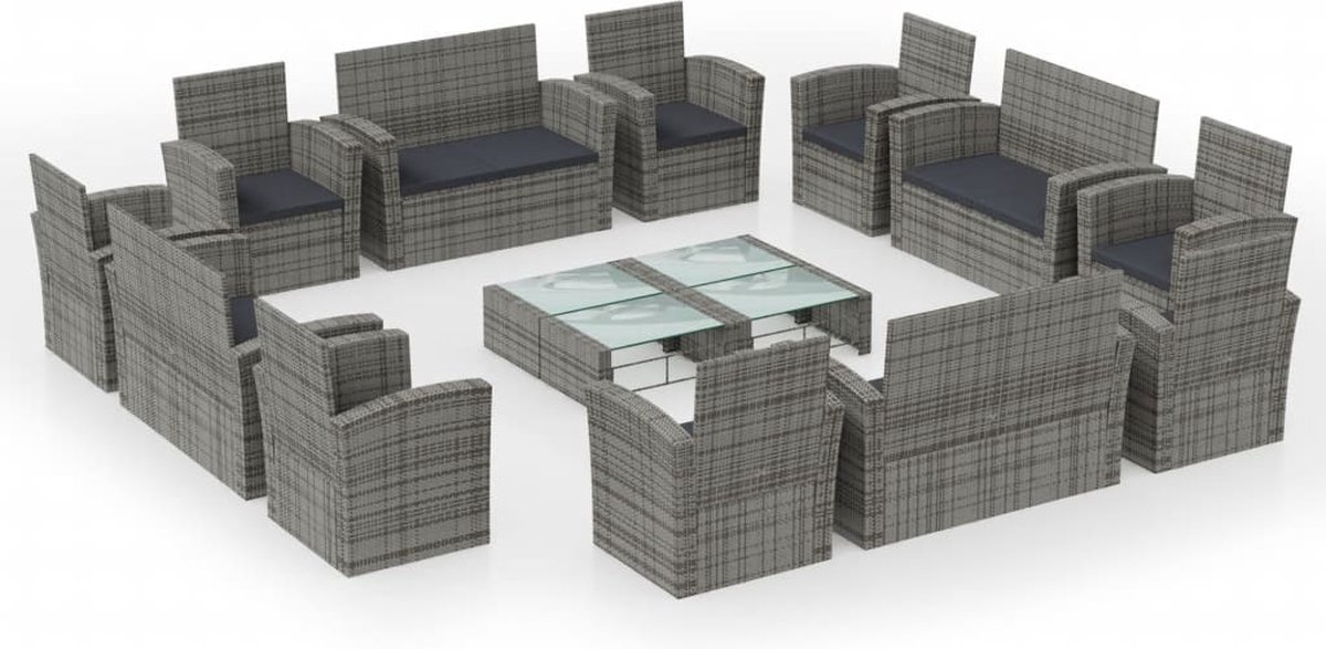 Vidaxl 16-delige Loungeset Met Kussens Poly Rattan - Grijs