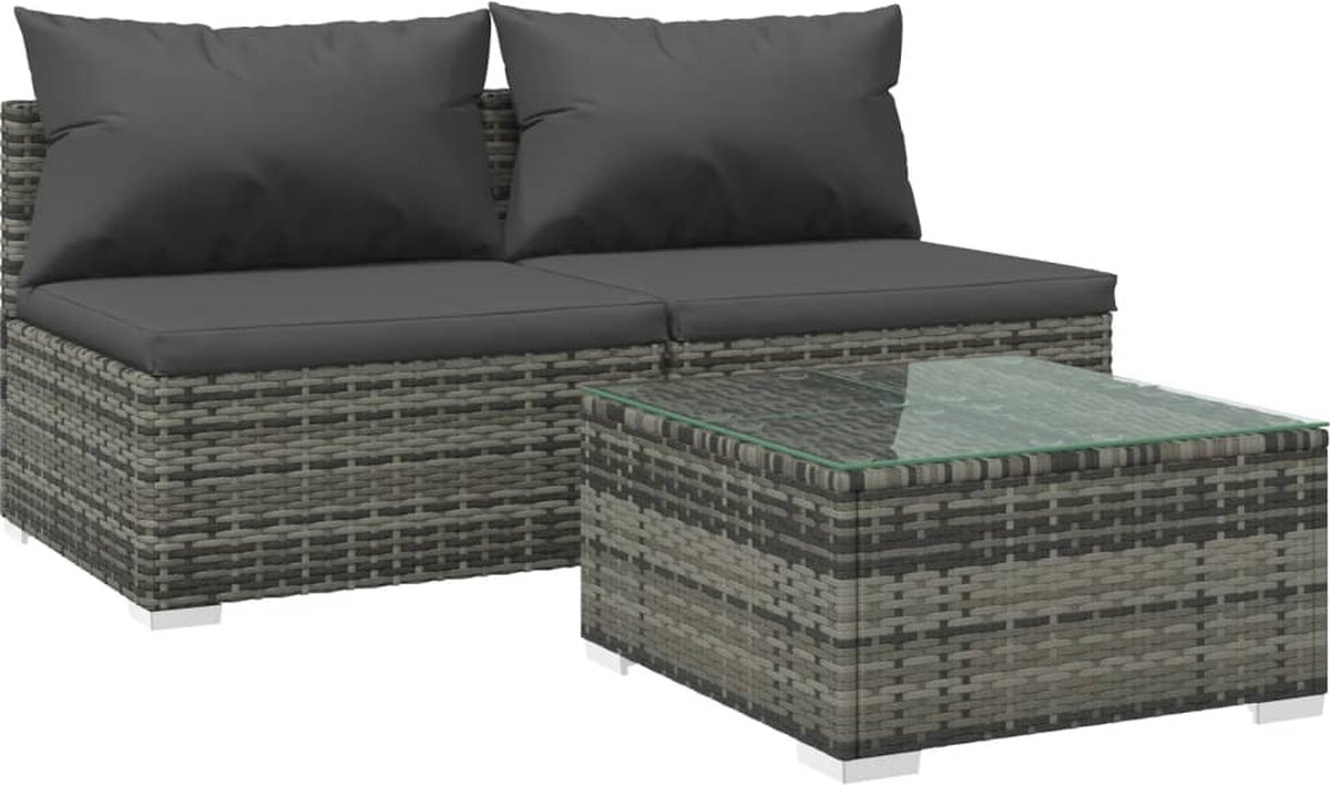 Vidaxl 3-delige Loungeset Met Kussens Poly Rattan - Grijs