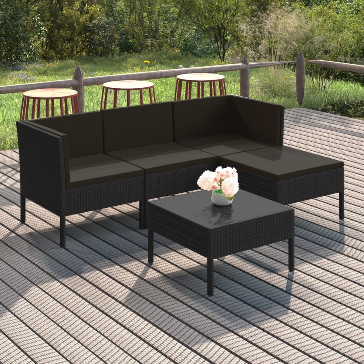 Vidaxl 5-delige Loungeset Met Kussens Poly Rattan - Zwart