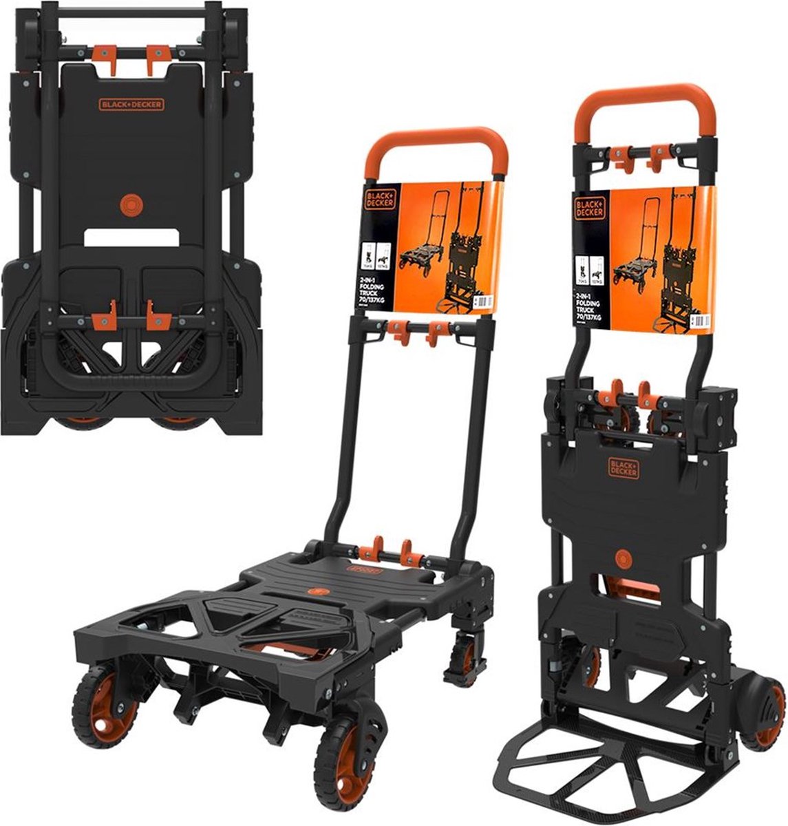 BLACK+DECKER Steekwagen - 2-in-1 Steekwagen En Platformwagen - Vouwbaar - Tot 120 Kg Draaggewicht - Oranje