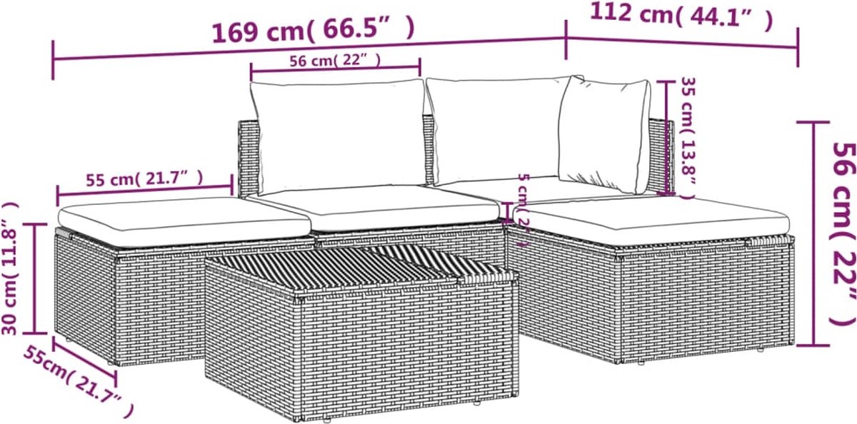 vidaXL 5-delige Loungeset met kussens poly rattan - Grijs