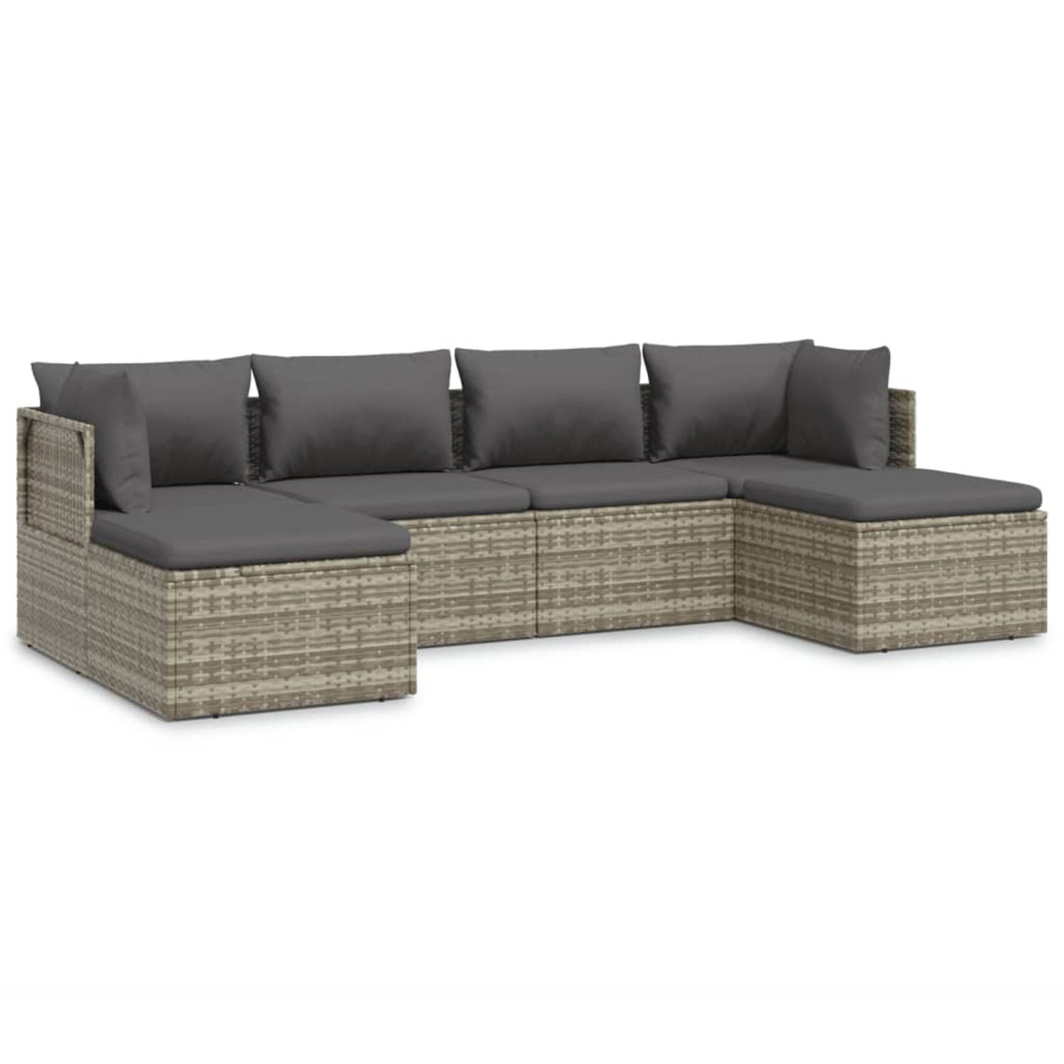 vidaXL 6-delige Loungeset met kussens poly rattan - Grijs