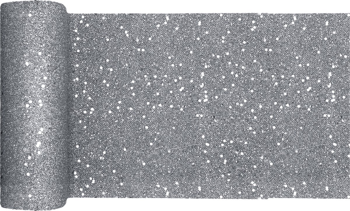 Santex Kerst thema tafelloper op rol - 2x - zilver glitter - smal 18 x 500 cm - polyester - Tafellakens - Silver