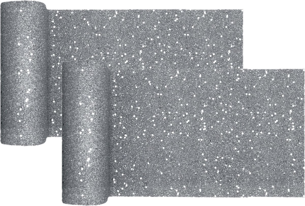 Santex Kerst thema tafelloper op rol - 2x - zilver glitter - smal 18 x 500 cm - polyester - Tafellakens - Silver
