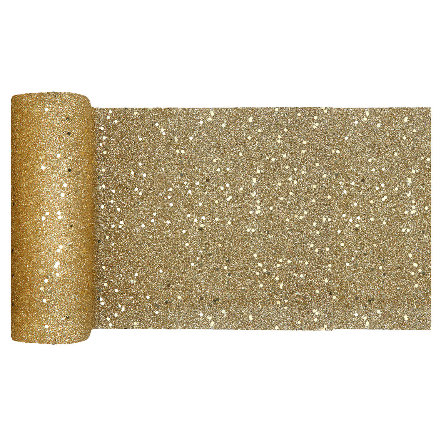 Santex Kerst thema tafelloper op rol - goud glitter - smal 18 x 500 cm - polyester - Tafellakens