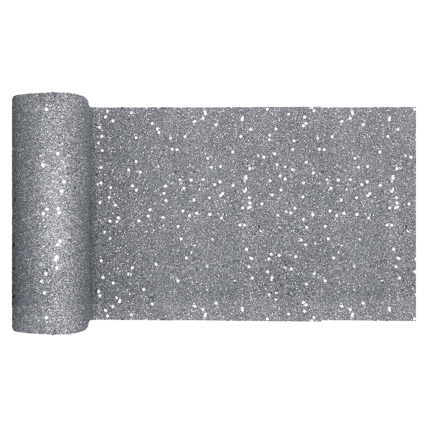 Santex Kerst thema tafelloper op rol - zilver glitter - smal 18 x 500 cm - polyester - Tafellakens - Silver