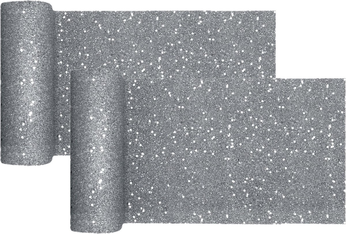 Santex Tafelloper op rol - 2x - zilver glitter - smal 18 x 500 cm - polyester - Feesttafelkleden - Silver