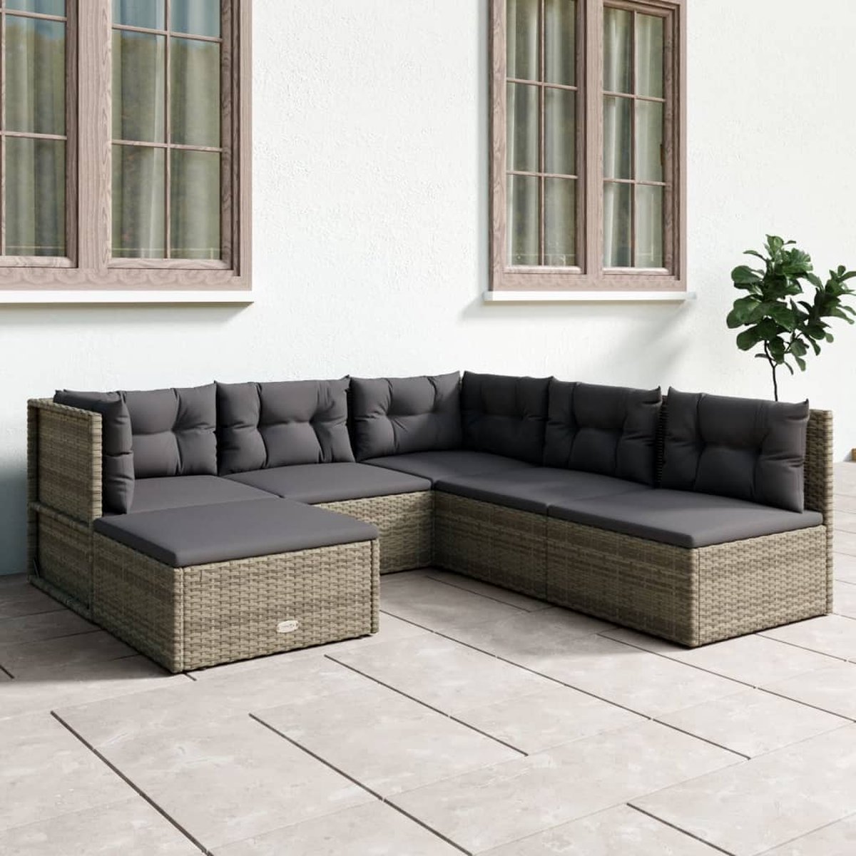 vidaXL 6-delige Loungeset met kussens poly rattan - Grijs