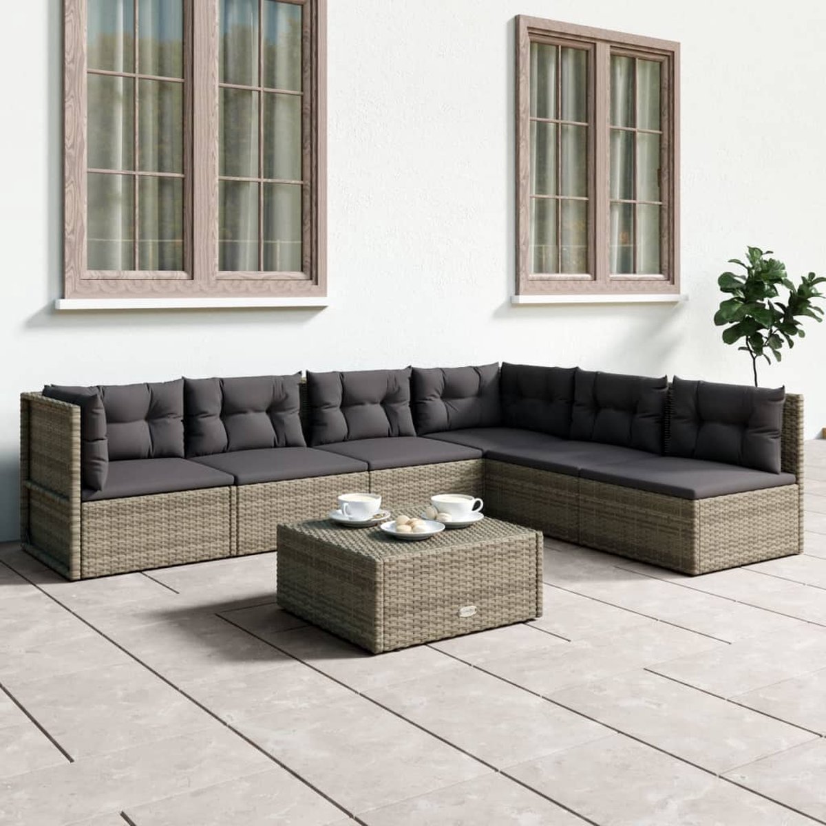 vidaXL 6-delige Loungeset met kussens poly rattan - Grijs