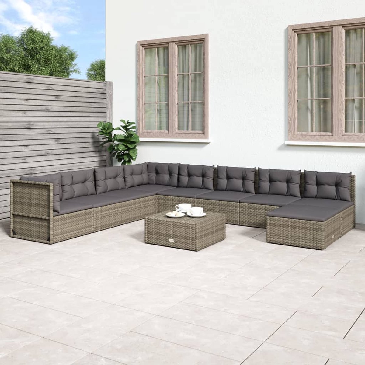 vidaXL 9-delige Loungeset met kussens poly rattan - Grijs