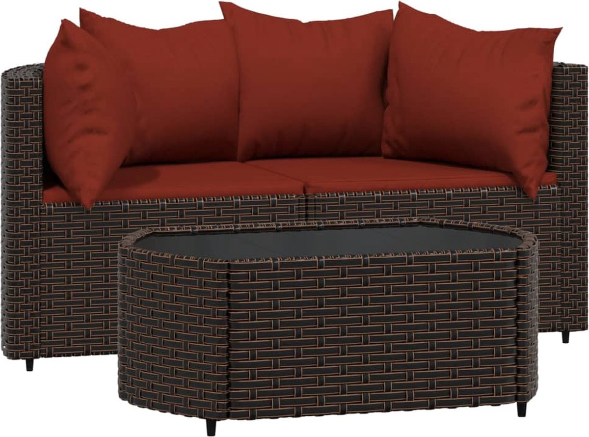 vidaXL 3-delige Loungeset met kussens poly rattan - Bruin