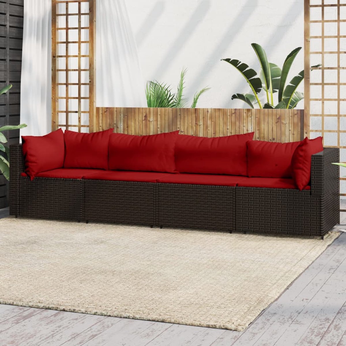 vidaXL 4-delige Loungeset met kussens poly rattan - Bruin
