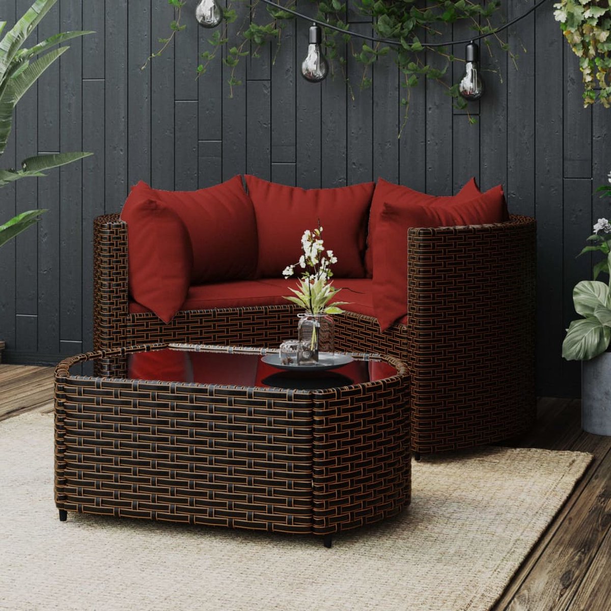 vidaXL 4-delige Loungeset met kussens poly rattan - Bruin