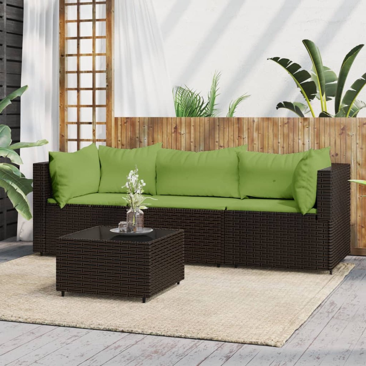 vidaXL 4-delige Loungeset met kussens poly rattan - Bruin
