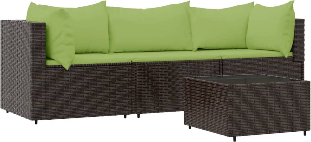 vidaXL 4-delige Loungeset met kussens poly rattan - Bruin