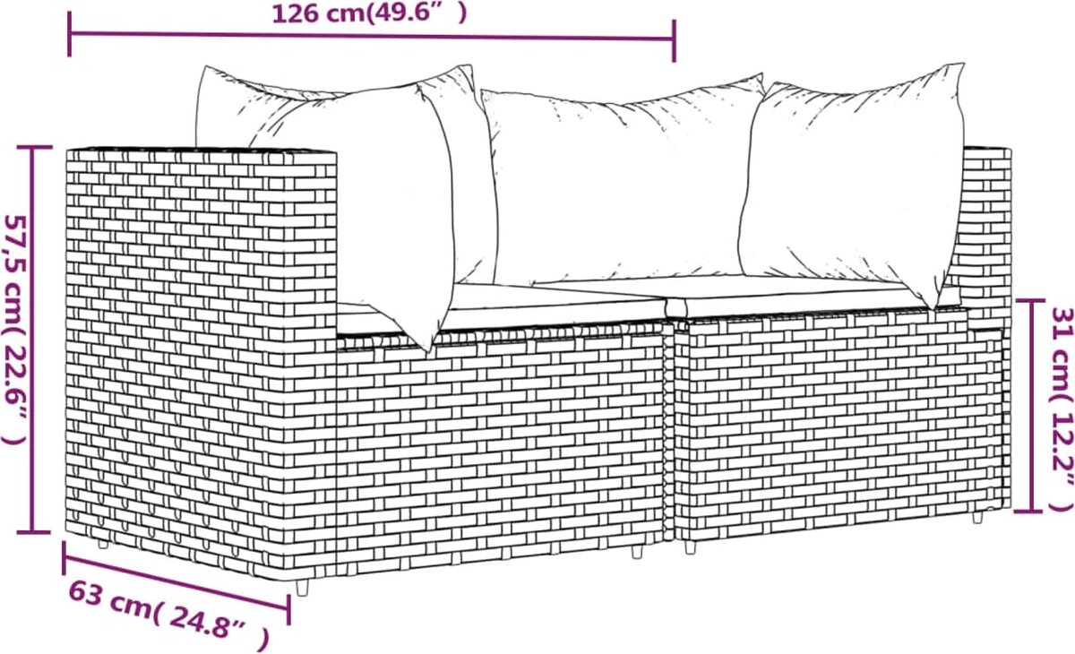 vidaXL Tuinhoekbanken met kussens 2 st poly rattan - Bruin