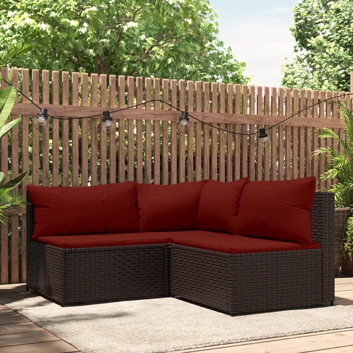 vidaXL 3-delige Loungeset met kussens poly rattan - Bruin