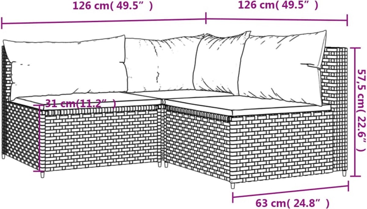 vidaXL 3-delige Loungeset met kussens poly rattan - Bruin