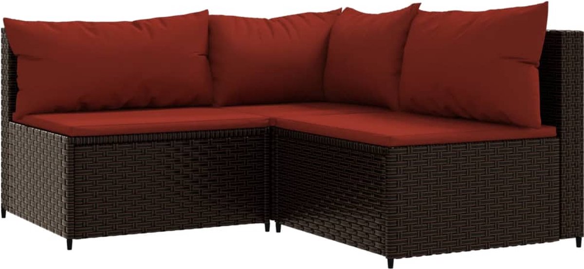 vidaXL 3-delige Loungeset met kussens poly rattan - Bruin