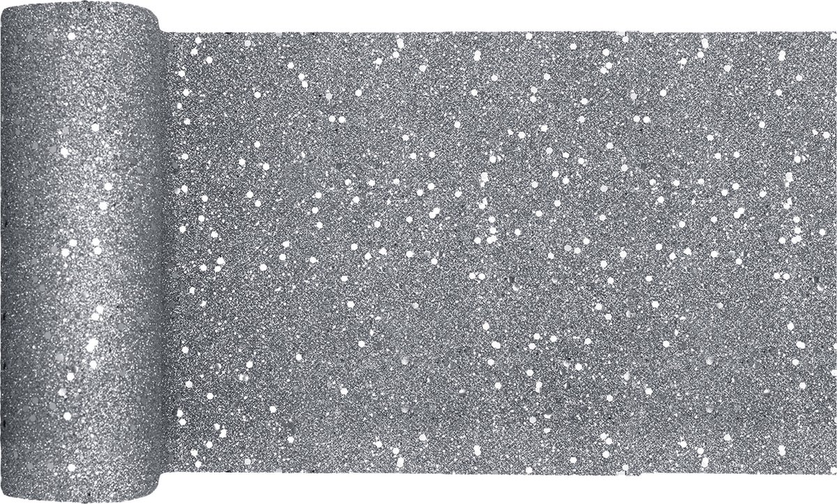 Santex Tafelloper op rol - zilver glitter - smal 18 x 500 cm - polyester - Feesttafelkleden