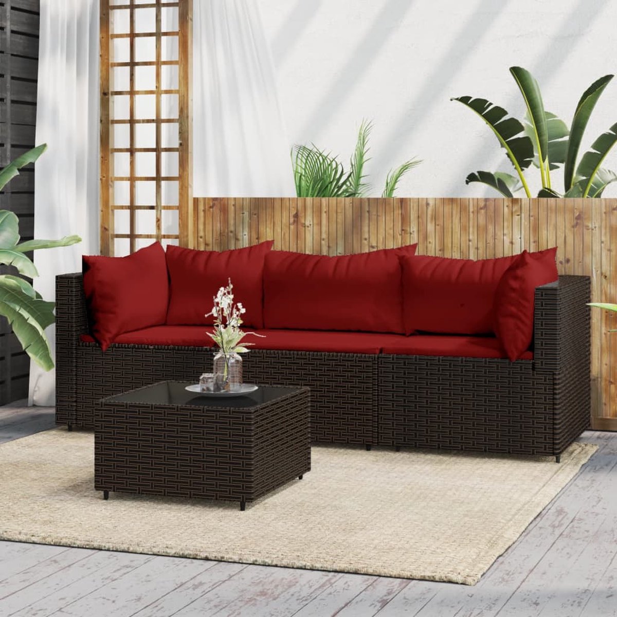 vidaXL 4-delige Loungeset met kussens poly rattan - Bruin