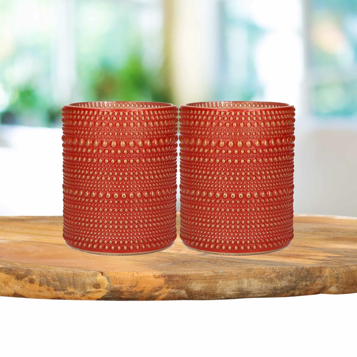 Countryfield 2x stuks luxe theelichthouder/kaarsenhouder/goud - glas - D8 x H10 cm - Windlichten - Rood
