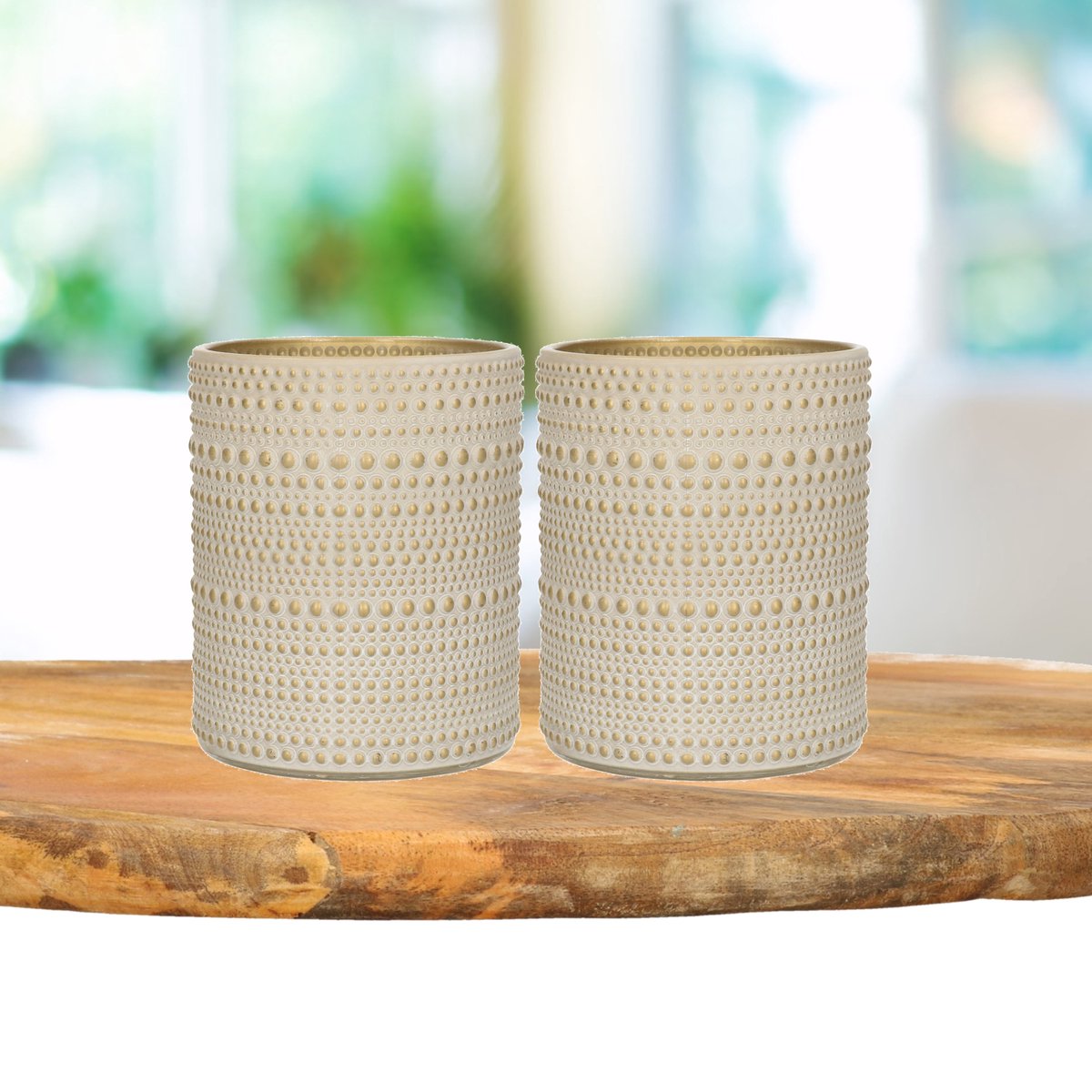 Countryfield 2x stuks luxe theelichthouder/kaarsenhouder - creme wit/goud - glas - D7 x H8 cm - Windlichten