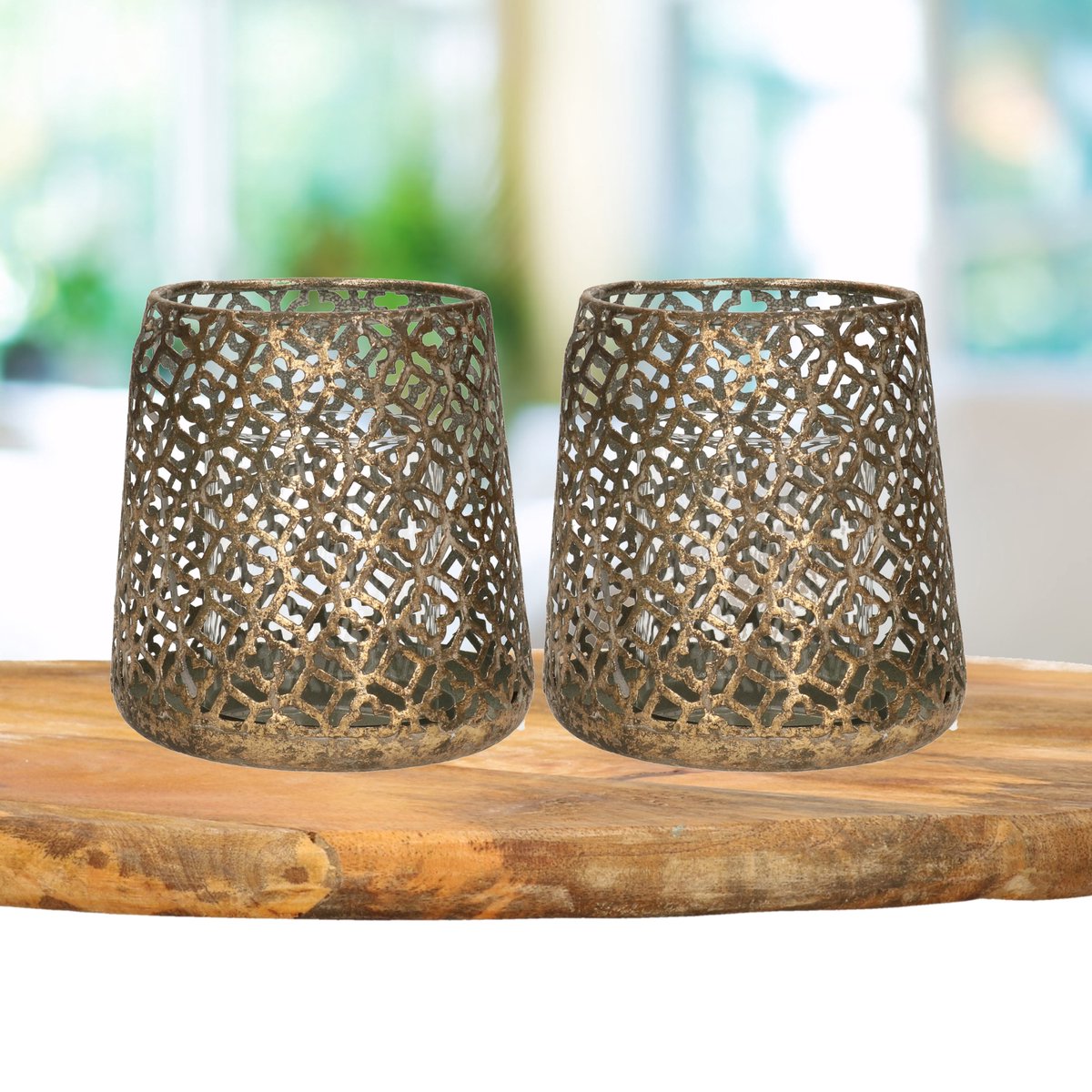 Countryfield 2x stuks luxe theelichthouder/kaarsenhouder - brons kleur - metaal - D14 x H15 cm - Windlichten