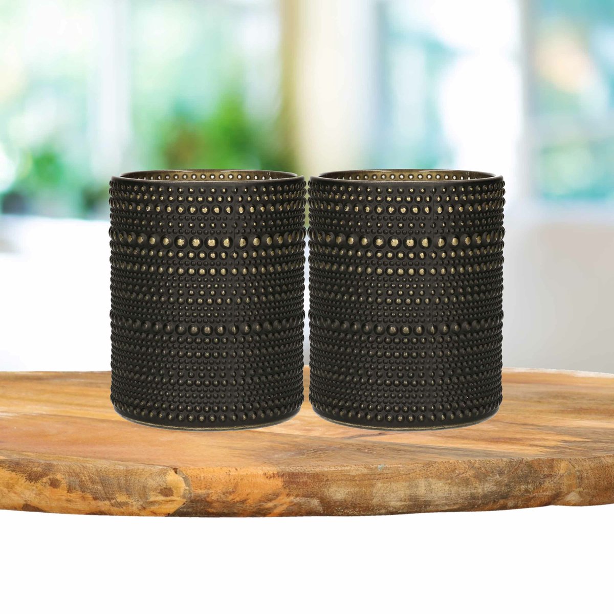 Countryfield 2x stuks luxe theelichthouder/kaarsenhouder/goud - glas - D10 x H12 cm - Windlichten - Zwart