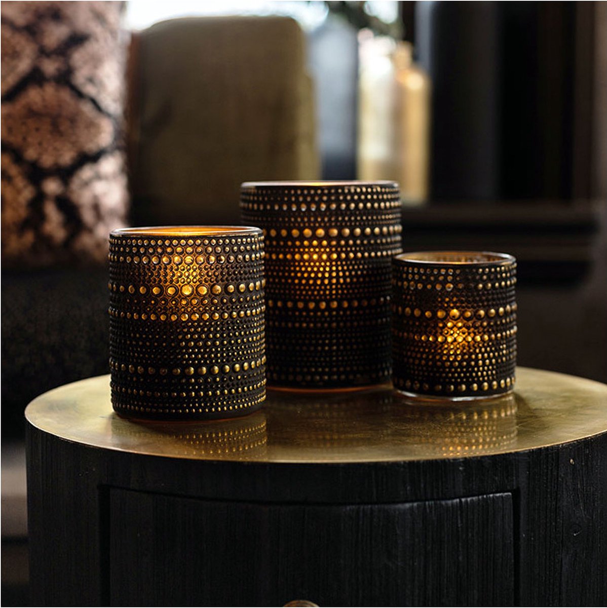 Countryfield 2x stuks luxe theelichthouder/kaarsenhouder/goud - glas - D10 x H12 cm - Windlichten - Zwart