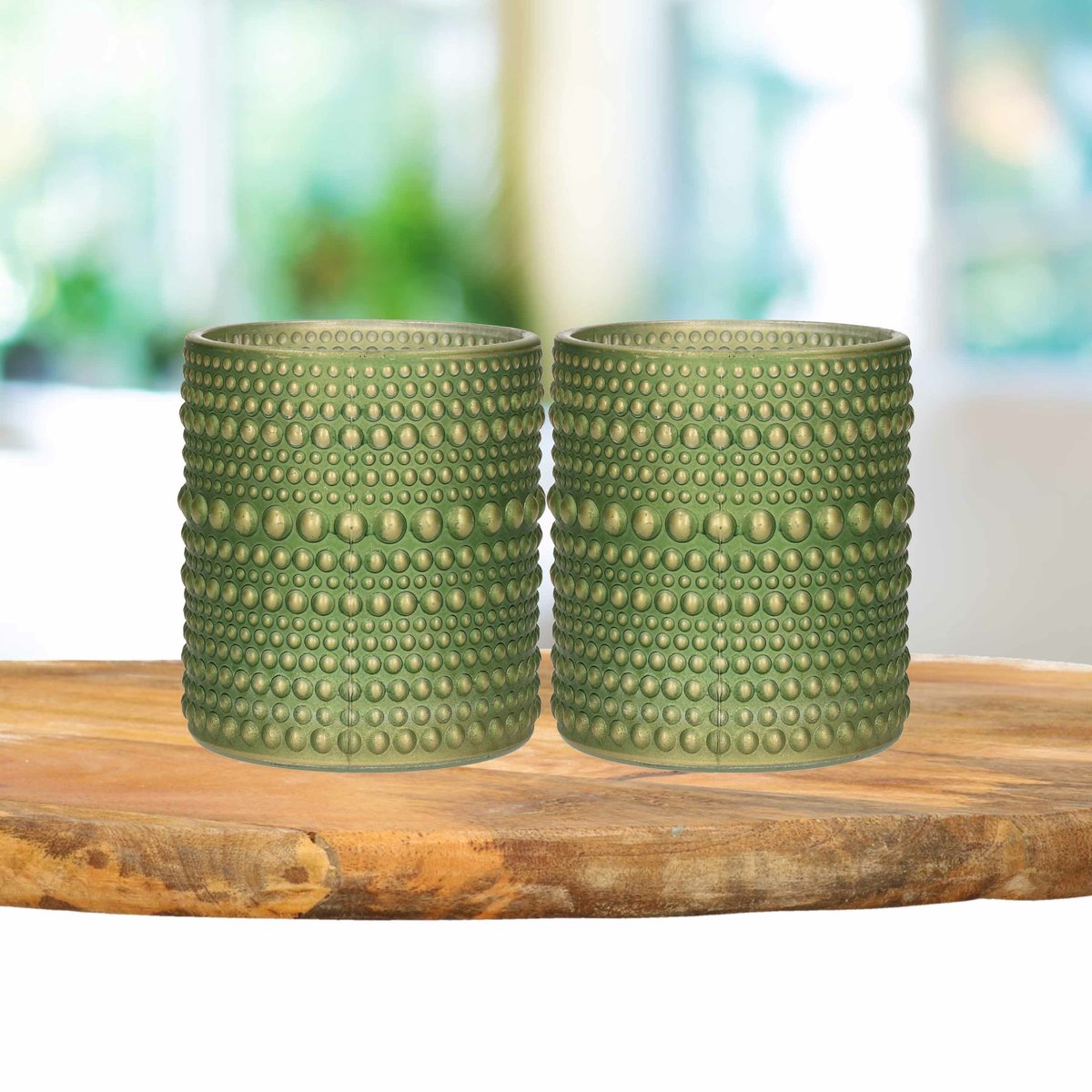 Countryfield 2x stuks luxe theelichthouder/kaarsenhouder - olijf/goud - glas - D10 x H12 cm - Windlichten - Groen
