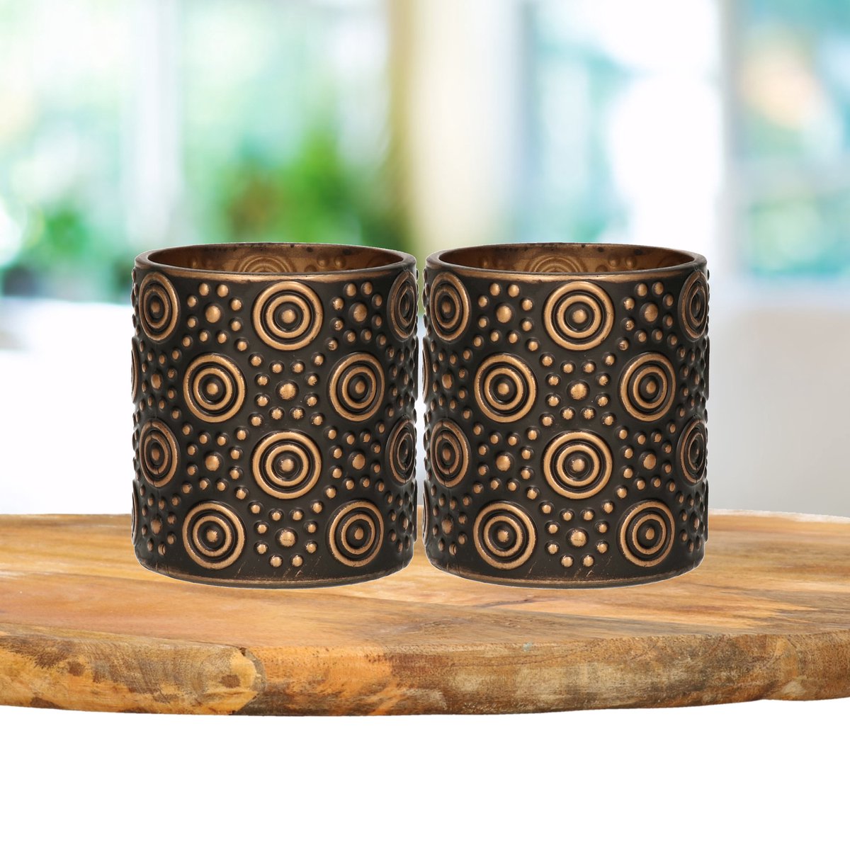 Countryfield 2x stuks luxe theelichthouder/kaarsenhouder/brons - glas - D7 x H8 cm - Windlichten - Zwart