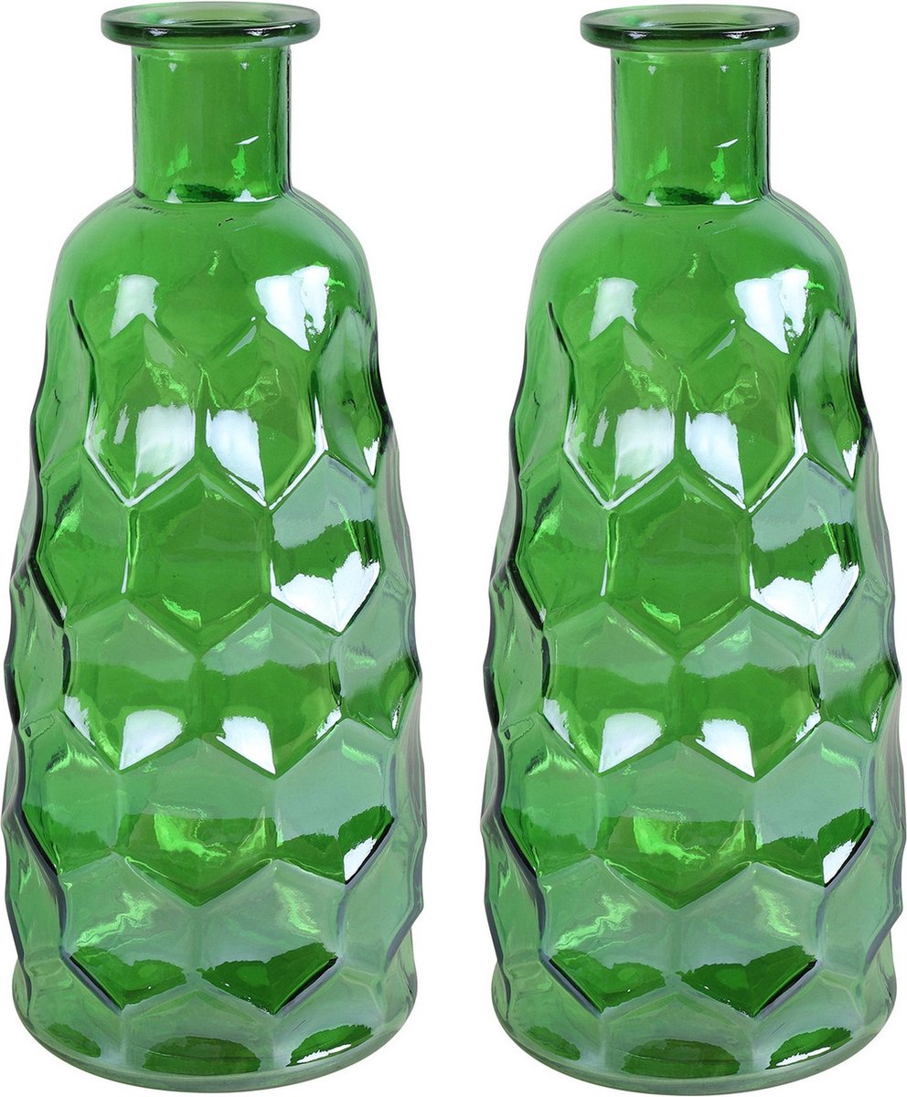 Countryfield Art Deco bloemenvaas - 2x transparant - glas - D12 x H30 cm - Vazen - Groen