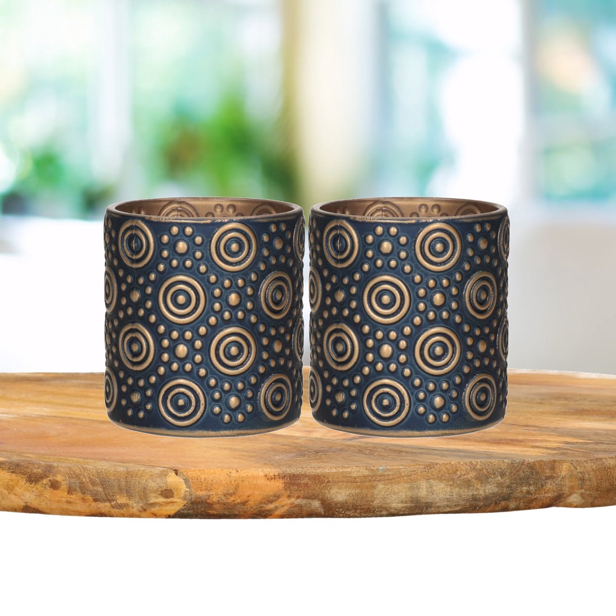 Countryfield 2x stuks luxe theelichthouder/kaarsenhouder - nacht/goud - glas - D7 x H8 cm - Windlichten - Blauw