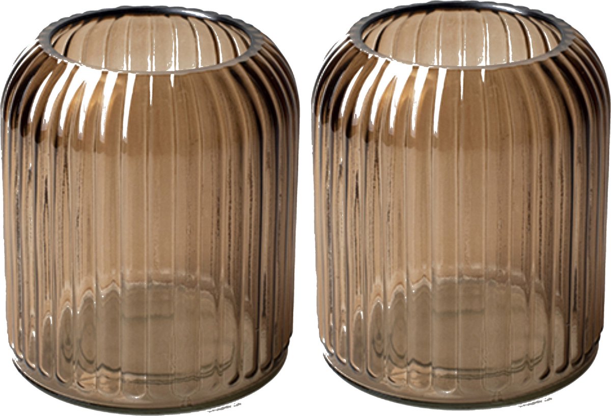 Jodeco Set van 2x stuks bloemenvaas - striped licht/transparant glas - H13 x D11 cm - Vazen - Bruin