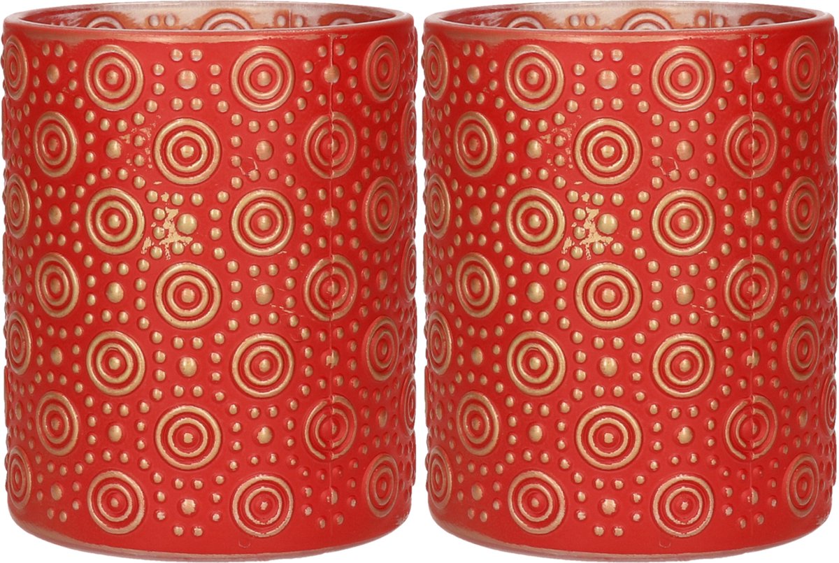 Countryfield 2x stuks luxe theelichthouder/kaarsenhouder/goud - glas - D8 x H10 cm - Windlichten - Rood