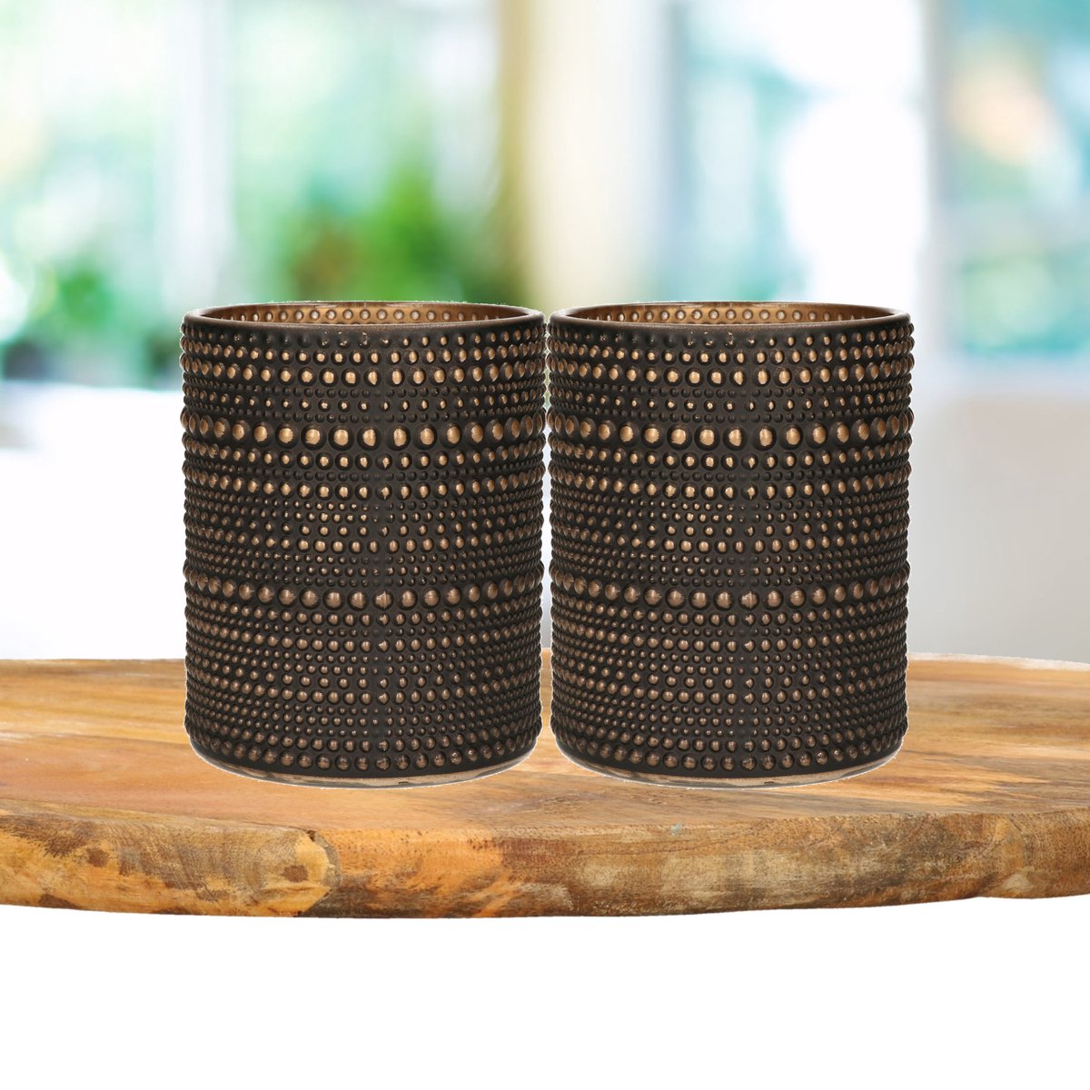 Countryfield 2x stuks luxe theelichthouder/kaarsenhouder/brons - glas - D8 x H10 cm - Windlichten - Zwart
