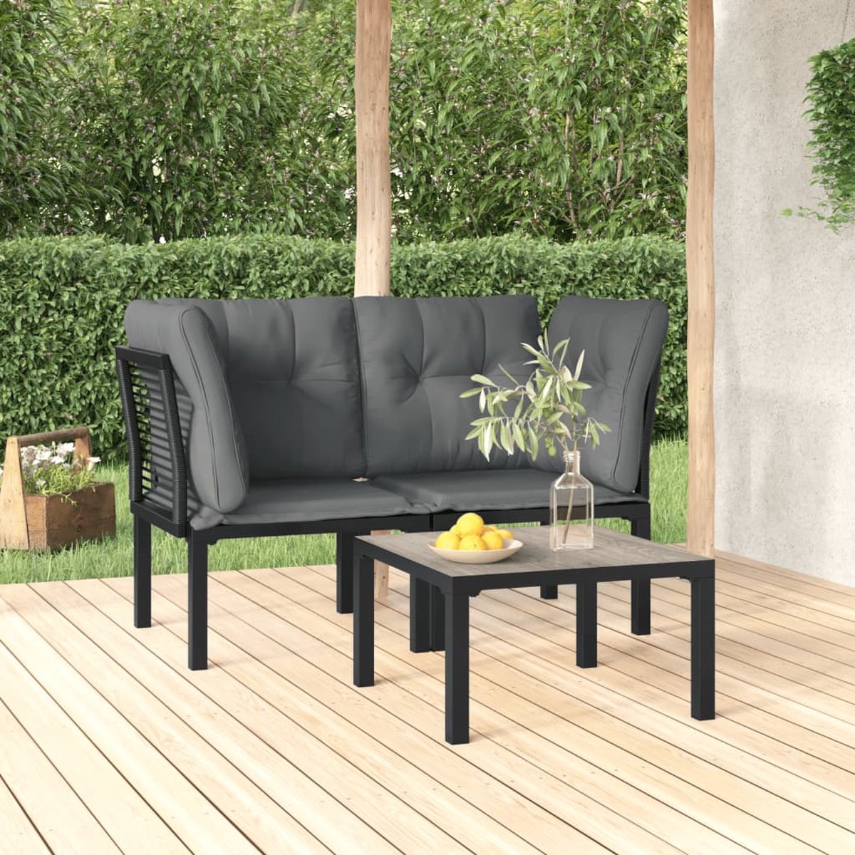 vidaXL 3-delige Loungeset met kussens poly rattan en grijs - Zwart