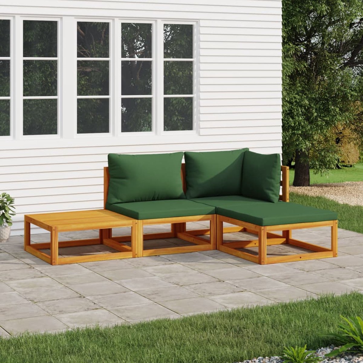 vidaXL 4-delige Loungeset met groene kussens massief hout - Bruin