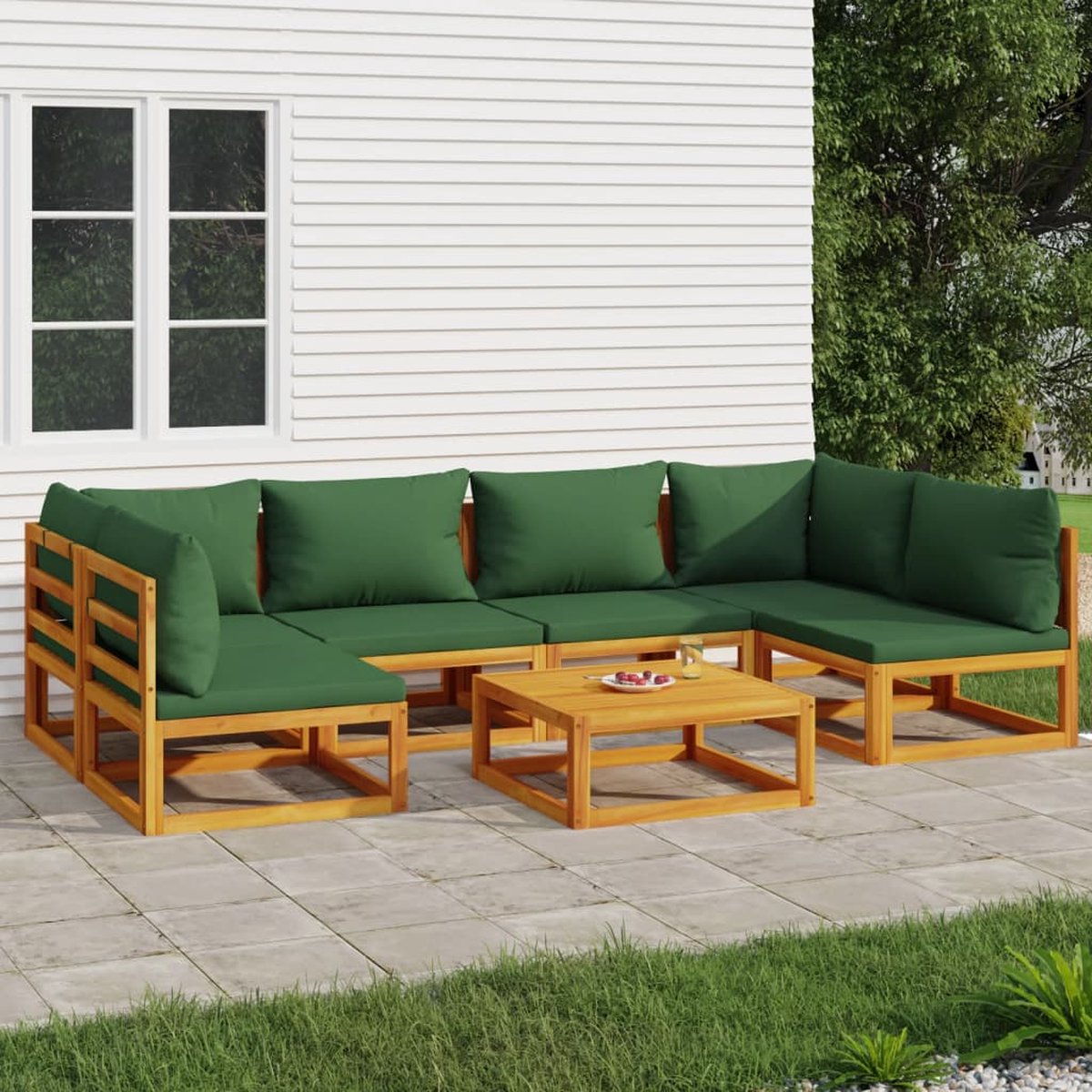 vidaXL 7-delige Loungeset met groene kussens massief hout - Bruin