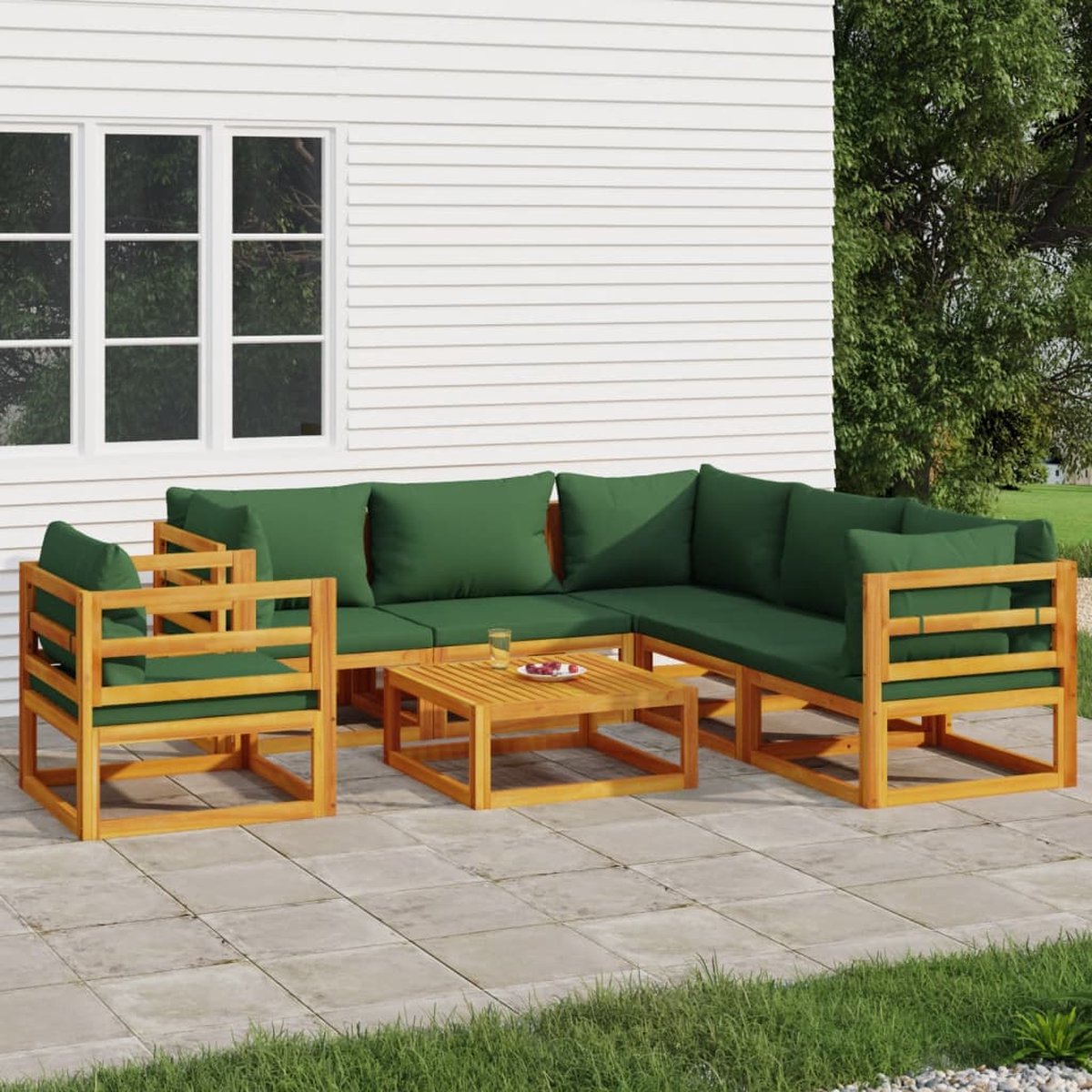 vidaXL 7-delige Loungeset met groene kussens massief hout - Bruin