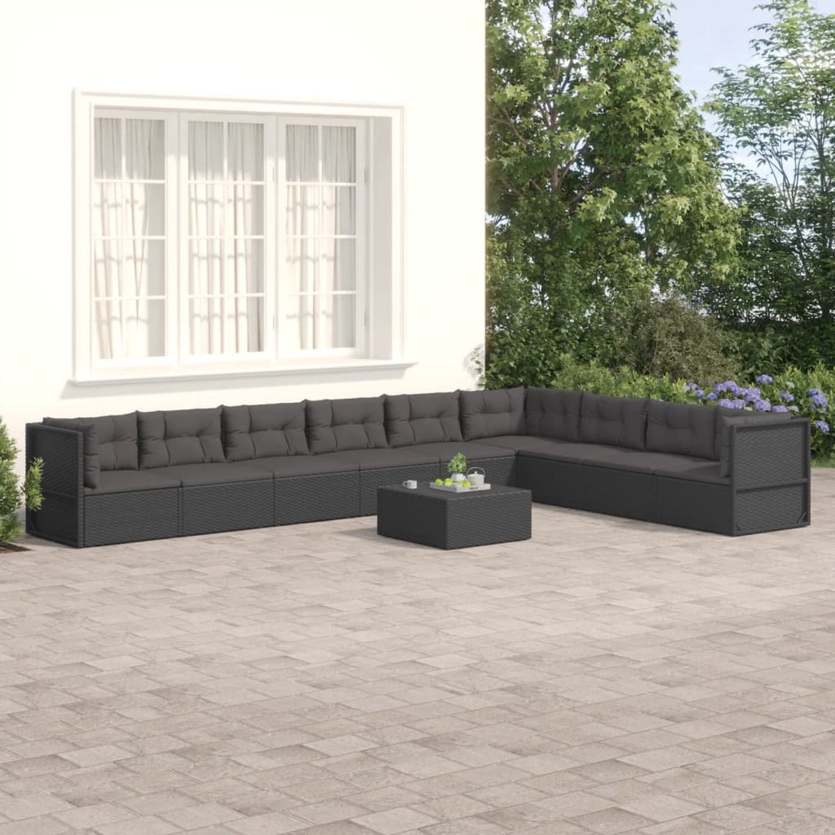 vidaXL 9-delige Loungeset met kussens poly rattan - Zwart