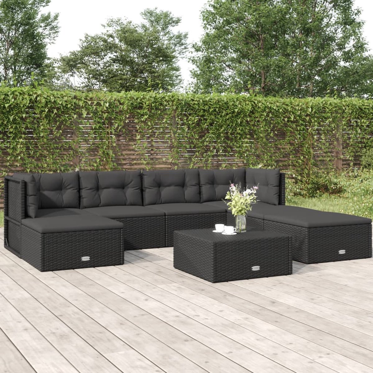 vidaXL 7-delige Loungeset met kussens poly rattan - Zwart